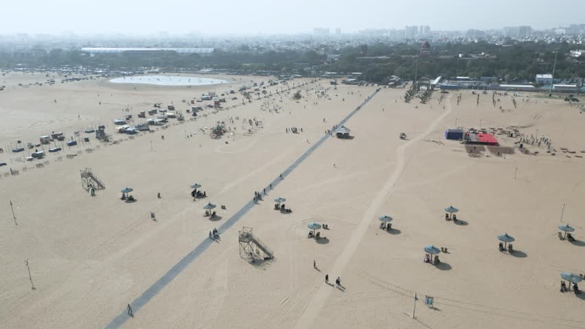 Aerial view of Marina Beach, This a natural urban beach in Chennai, Tamil Nadu, India,