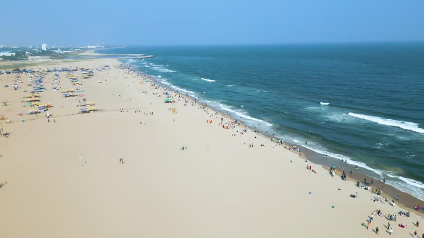 Aerial view of Marina Beach, This a natural urban beach in Chennai, Tamil Nadu, India,