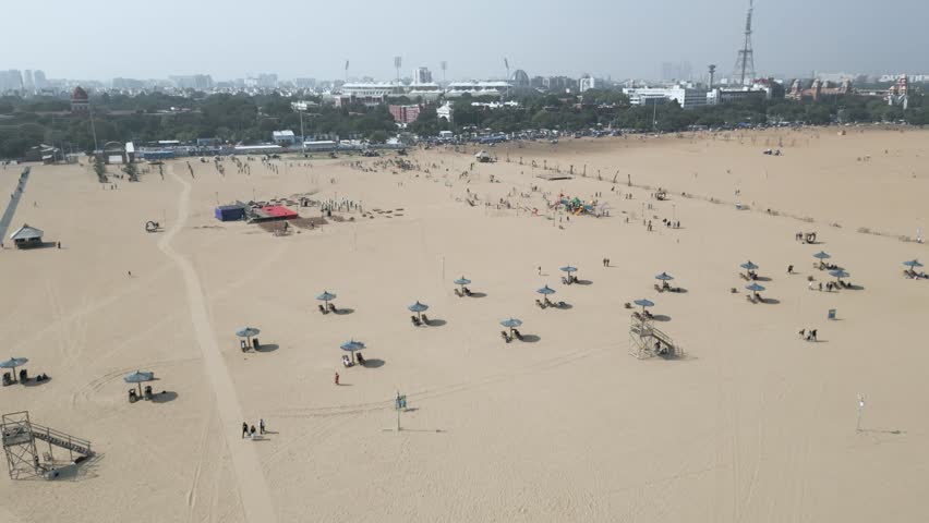 Aerial view of Marina Beach, This a natural urban beach in Chennai, Tamil Nadu, India,