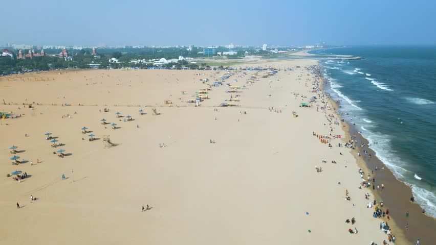 Aerial view of Marina Beach, This a natural urban beach in Chennai, Tamil Nadu, India,