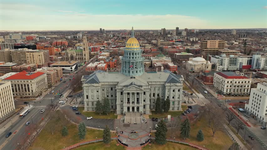 Colorado State Capital Building reverse Aerial Drone reveal