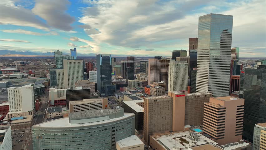 Reverse Reveal of downtown Denver city Skyline - Drone Aerial