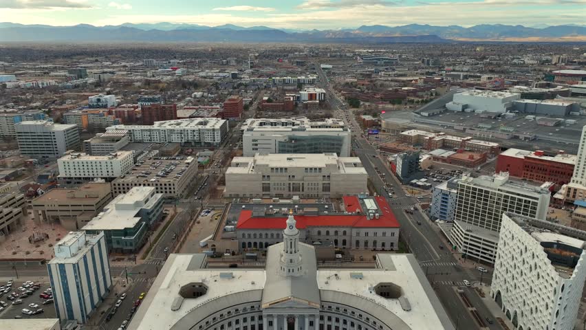 Denver Colorado City Hall Drone Aerial with mountains in the background