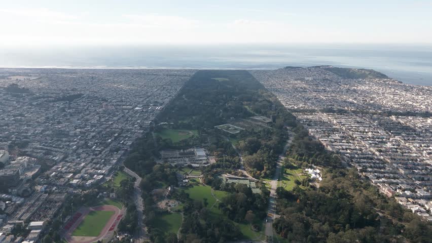 Aerial Drone View Flying West Over Golden Gate Park Towards Ocean Beach and Pacific
