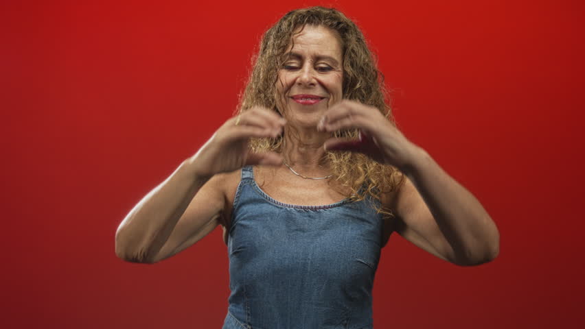Woman forming a heart with hands and smiling, denim dress against red studio backdrop; joyful love warmth.