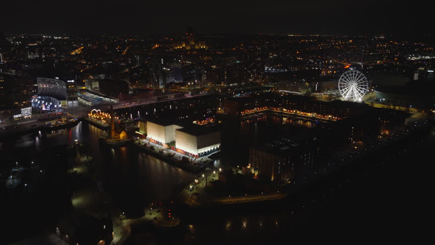 Aerial view of the Royal Albert Dock in Liverpool, England at night