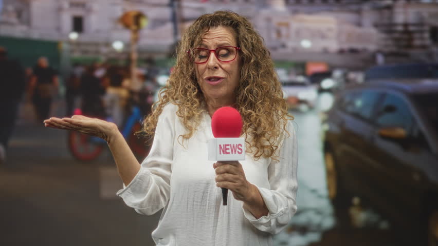 Woman reporter holds red microphone labeled news and raises left palm in a shrug gesture amid wet city street traffic at night; bemusement questioning.