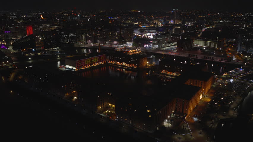 Aerial view of the Royal Albert Dock in Liverpool, England at night