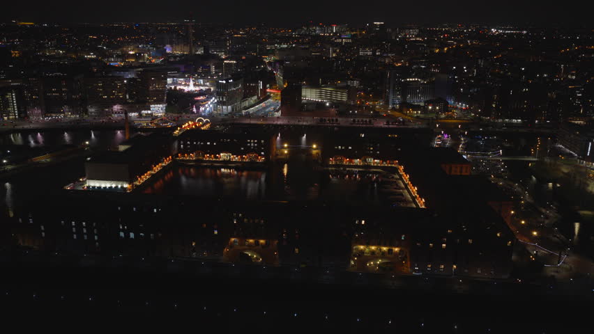 Aerial view of the Royal Albert Dock in Liverpool, England at night