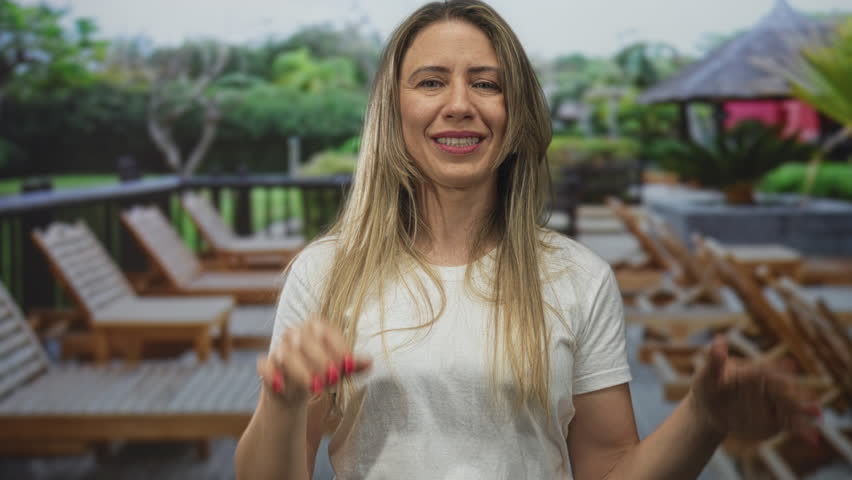 Woman points finger to open palm at building facade overlooking wooden loungers in green surroundings; warmth.