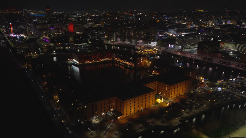 Aerial view of the Royal Albert Dock in Liverpool, England at night