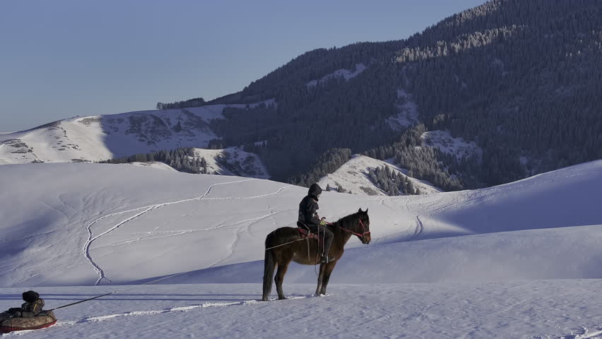 Aerial shot of two people with a horse in a snowy mountain landscape