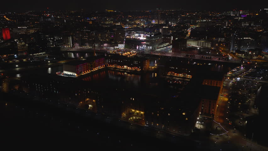 Aerial view of the Royal Albert Dock in Liverpool, England at night