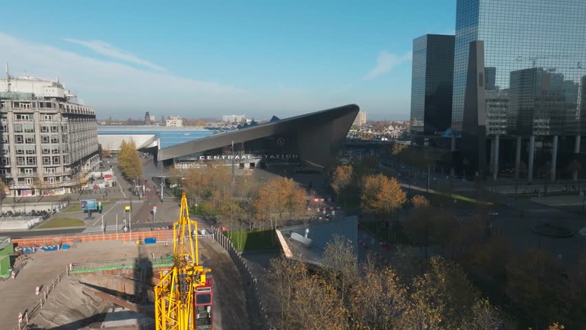 Aerial Drone View of Rotterdam Centraal Station modern architecture, central train station Dutch hub for international sustainable train travel