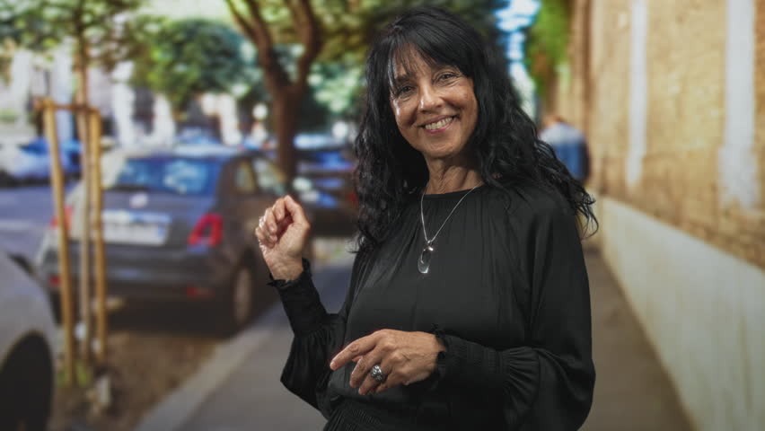 Woman smiles with right hand raised showing ring and necklace while turning her head, standing on a sunlit street with parked cars and trees; contentment.