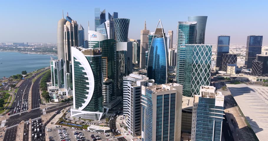 Aerial drone view of Doha Skyline west bay Qatar.