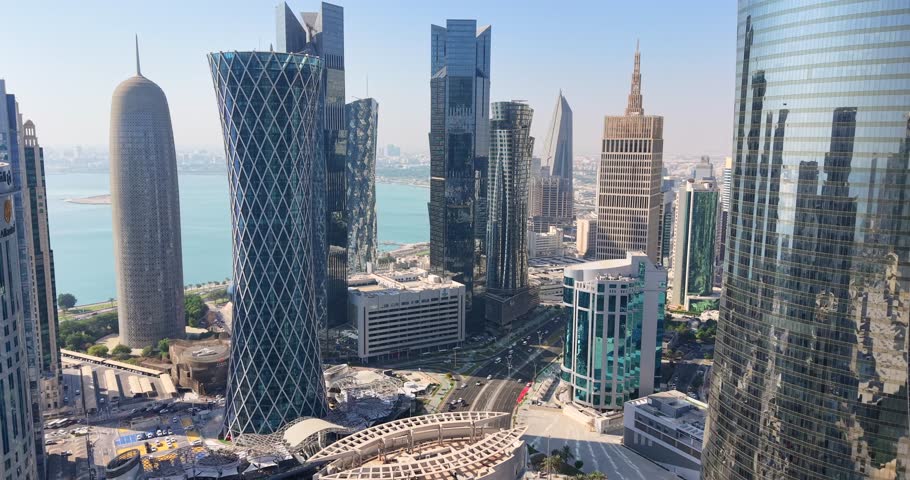  Aerial drone view of Doha Skyline west bay Qatar.