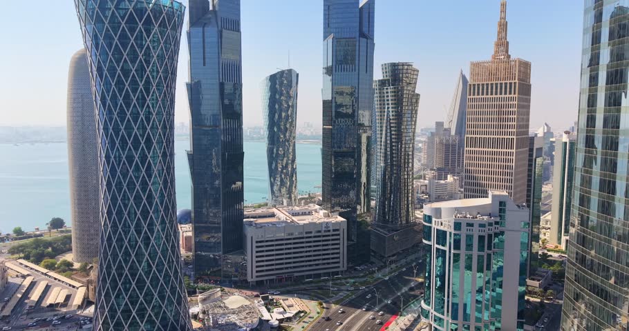  Aerial drone view of Doha Skyline west bay Qatar.