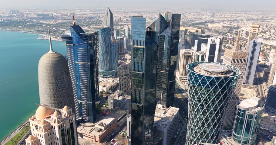  Aerial drone view of Doha Skyline west bay Qatar.