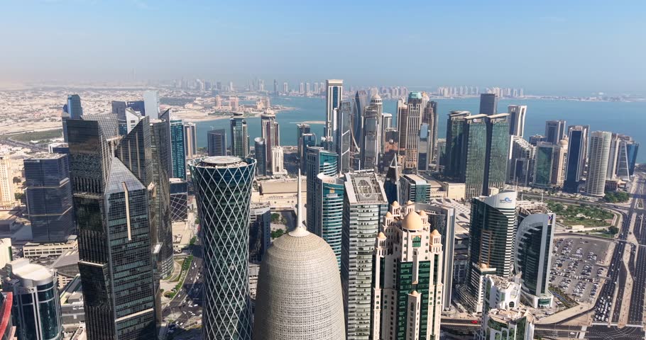  Aerial drone view of Doha Skyline west bay Qatar.