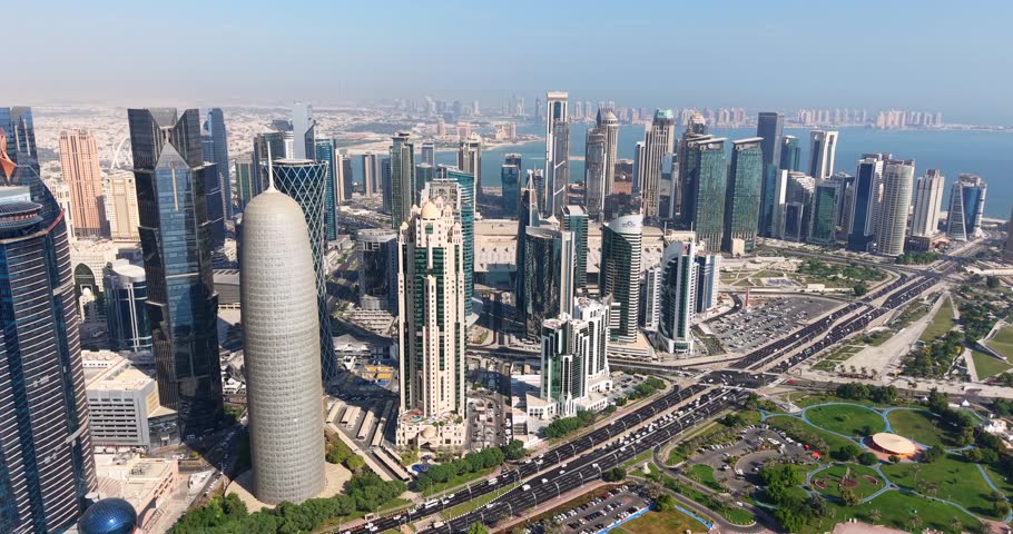  Aerial drone view of Doha Skyline west bay Qatar.