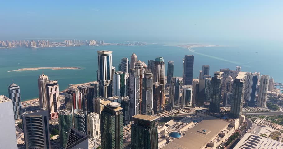  Aerial drone view of Doha Skyline west bay Qatar.