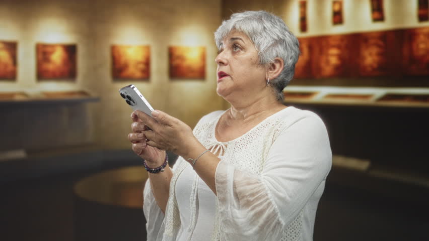 Senior woman with grey hair holding smartphone with both hands, fingers tapping screen while standing amid framed art in museum building; curiosity connection.