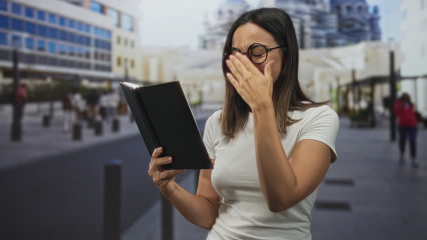 Young hispanic woman with glasses holding and reading a black paperback book, touching her face and smiling while standing on a pedestrian street with buildings; joy curiosity.