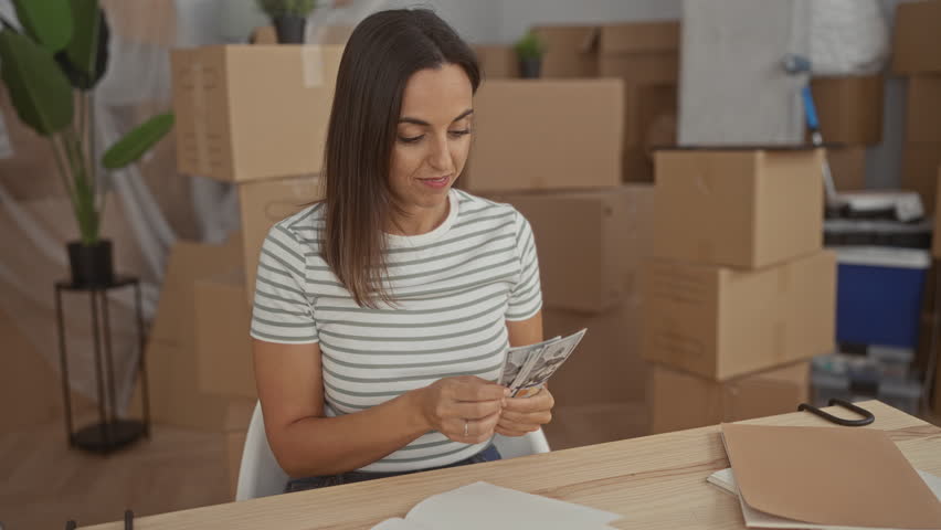 Woman counting cash, holding hundred dollar bills and writing in notebook at table amid moving boxes in building; moving budget focused.