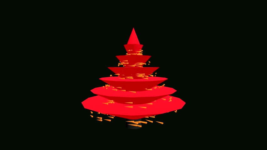 Abstract 3D animation of a red stylized Christmas tree with rotating orange geometric elements on a black background. Modern festive concept for holidays and celebrations.