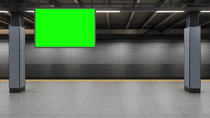 Modern subway station interior featuring an overhead digital billboard with chroma key green screen and train standing on the platform. Ideal for advertising mockups, transportation concepts, urban marketing, and content replacement.