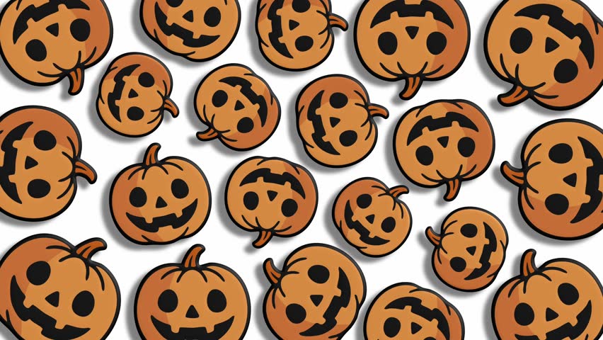 Crowd of spooky halloween jack o lanterns in various facial expressions