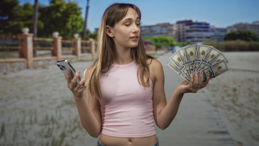 Young woman holding smartphone in one hand and fanning us dollar bills with the other, showing navel on a street boardwalk by buildings; confidence wealth independence.