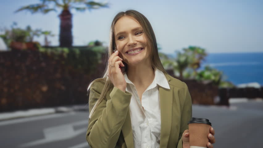 Woman smiling at seaside promenade holding coffee and talking on smartphone, showcasing a lively outdoor scene with a young, blonde, caucasian female enjoying her day.