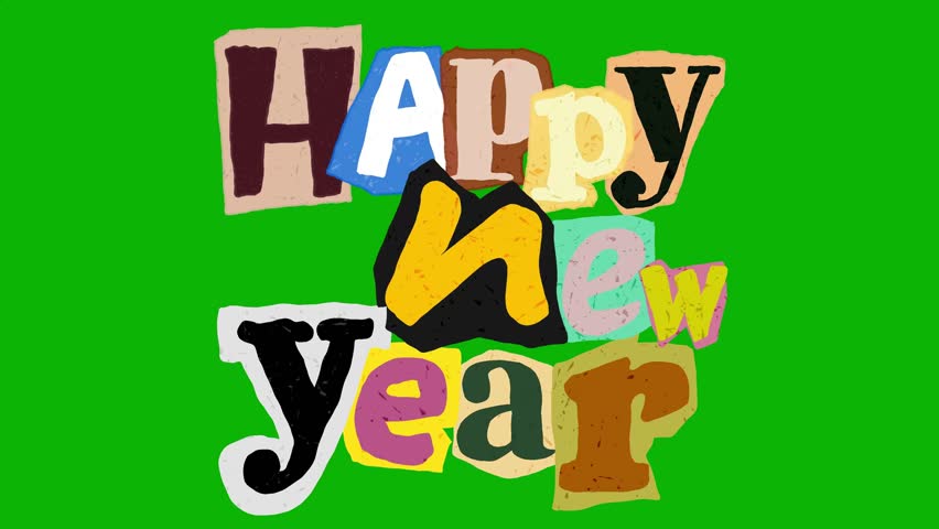 Animated Happy New Year Ransom Note Text | Creative Magazine Cutout Motion Graphic on green screen