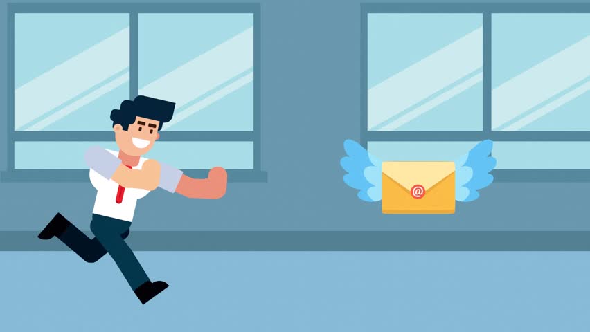 businessman running after a flying envelope with wings, representing the pursuit of messages or opportunities.


