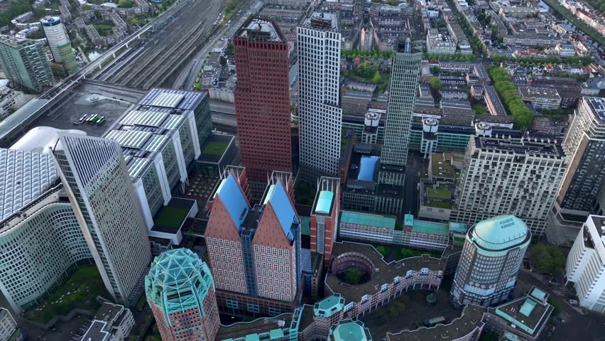 Den Haag, Holland. Business center of The Hague, Netherlands. Cloudy Morning in Summer day, Aerial Drone View.