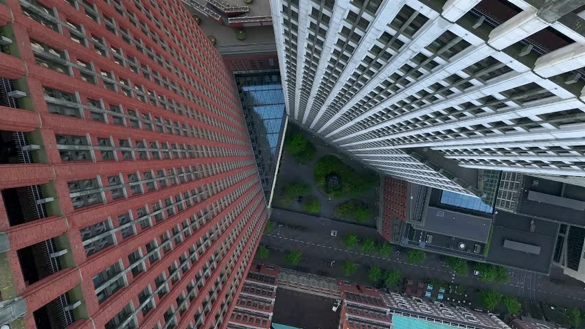 Close up of Skyscrapers in the Hague, Top view. Business center of The Hague, Netherlands. Aerial Drone View.