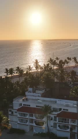 Sunrise Beach At Bavaro In Punta Cana Dominican Republic. Sunrise Skyline. Beach Landscape. Resorts Buildings. Sunrise Beach In Bavaro In Punta Cana Dominican Republic. Nature Background.
