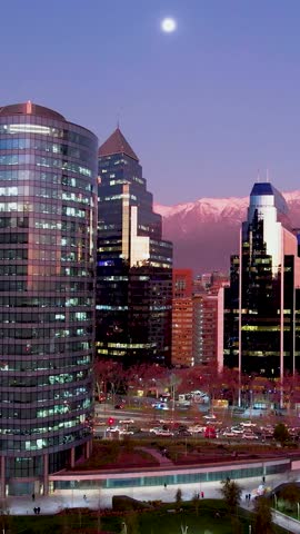Santiago Skyline In Santiago Chile. Sunset City Landscape. Sunset Cityscape. Illuminated Building. Santiago Skyline In Santiago Chile. Skyscrapers Scenery. Outdoors Skyline.