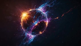 An abstract video featuring a glowing plasma sphere with a pulsating blue and purple energy core, surrounded by electric sparks and flowing nebula gas in the dark void of space. Perfect for a science fiction concept backdrop, advanced technology, or visualization of cosmic energy. 4K - Powered by Shutterstock - Get 15% off with code: PIKWIZARD15