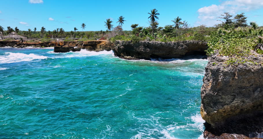 Caribbean sea rocky coastline Dominican Republic, Village Boca de Yuma and beautiful aerial view 