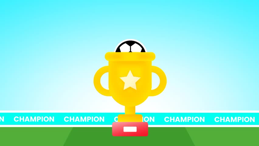 A soccer ball sits inside a golden trophy cup on a blue background representing the ultimate victory in a competitive football tournament event