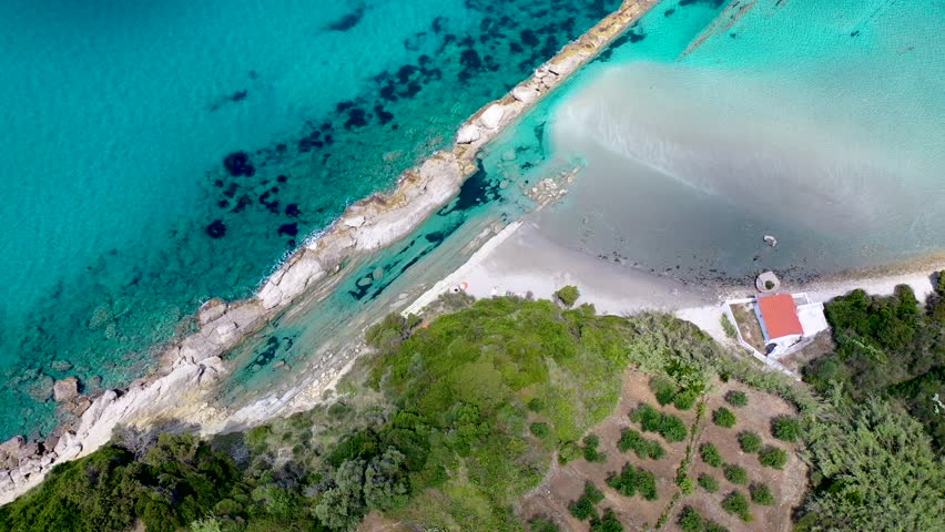 Agios Nikolaos small church on a beach near Paramonas village, Corfu Island, Greece, 4k