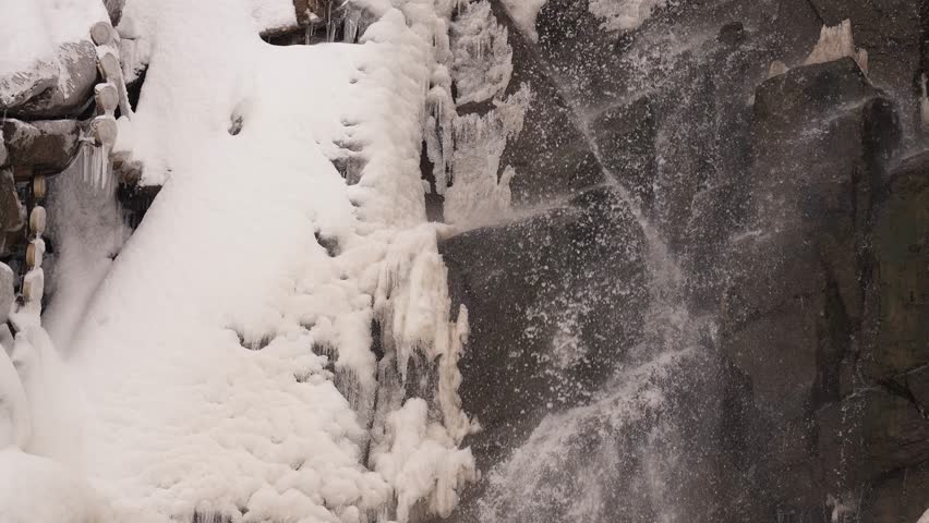 Frozen Majesty: Icy Waterfall and Rushing River in a Snow-Covered Mountain Wilderness