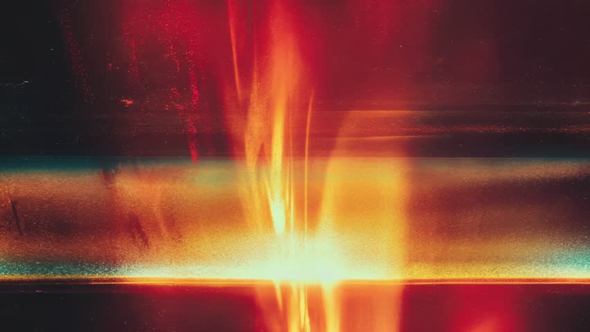 Intense warm film burn with golden shimmer and vertical red light leaks, analog texture glowing across frame, dreamy grain with retro cinematic interference and prism-like glow