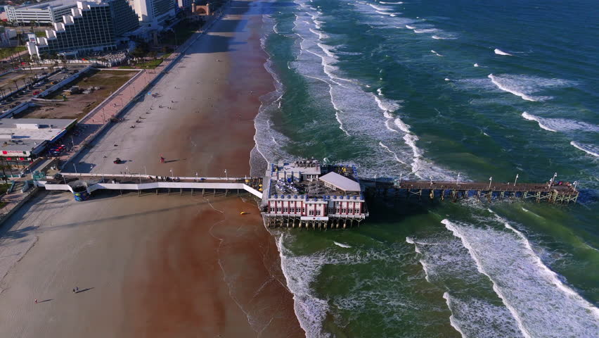 Wide aerial drone view of Daytona Beach Florida coastline