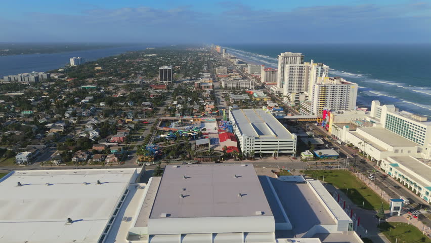 Wide aerial drone view over Daytona Beach Florida coastal city