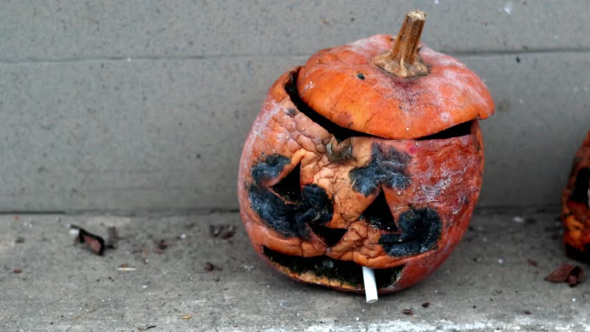 Close-up of a decaying jack-o'-lantern with a cigarette, symbolizing the end of Halloween season and the inevitable passage of time, with a humorous yet macabre depiction.