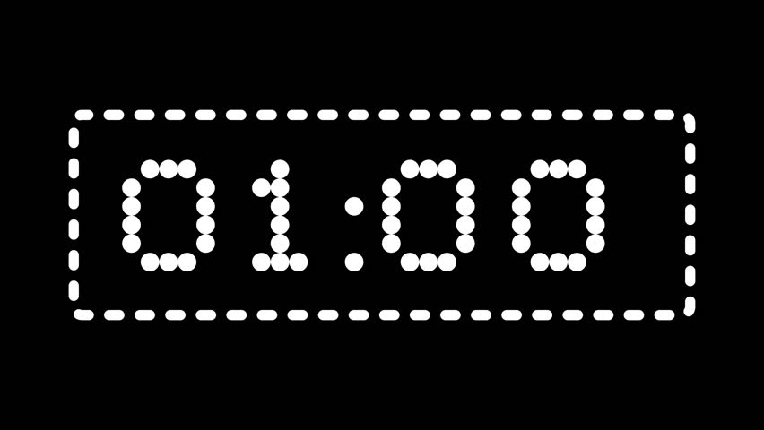 1 minute digital countdown timer with a dotted LED style frame on a black background, ideal for technology visuals, countdown sequences, digital displays, editing, motion graphics, and futuristic interface concepts